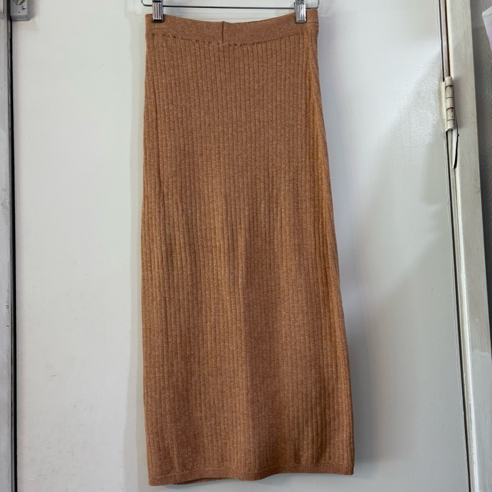 Free People Skyline Rib-Knit Midi Skirt Tan Stretch Open Slit Front Tan XS Sexy - Picture 6 of 11